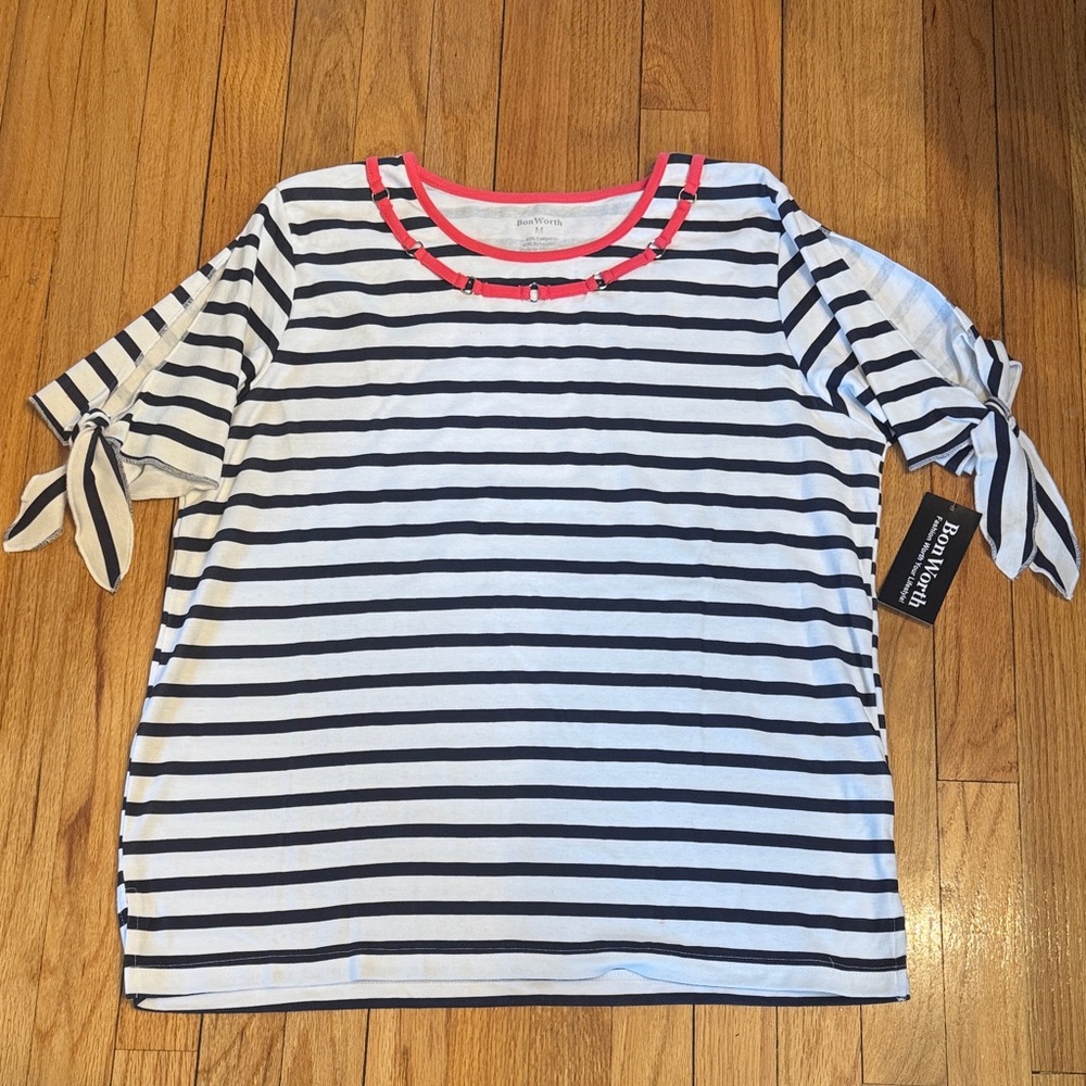 BonWorth Tshirt Women's Navy and White Striped Tee with Coral Accents M